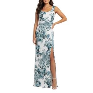 Adrianna Papell Women's Formal Dress Size 4 Blue Metallic Floral Print Long Gown